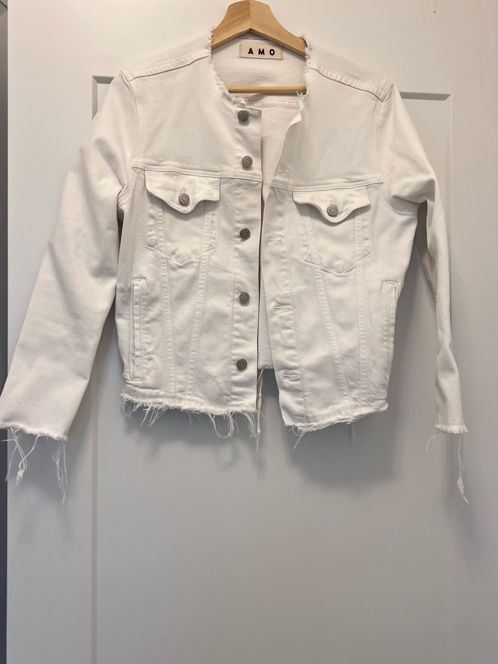 AMO Lola White Distressed Raw-Hem Denim Jacket